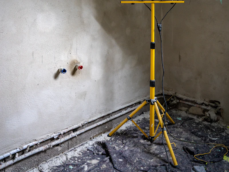 Frisch verputzte Wand mit Baustrahler während der Instandsetzung